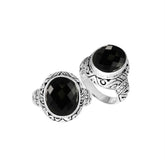 Sterling Silver Black Onyx Quartz Ring With Balinese Carved Band For Women